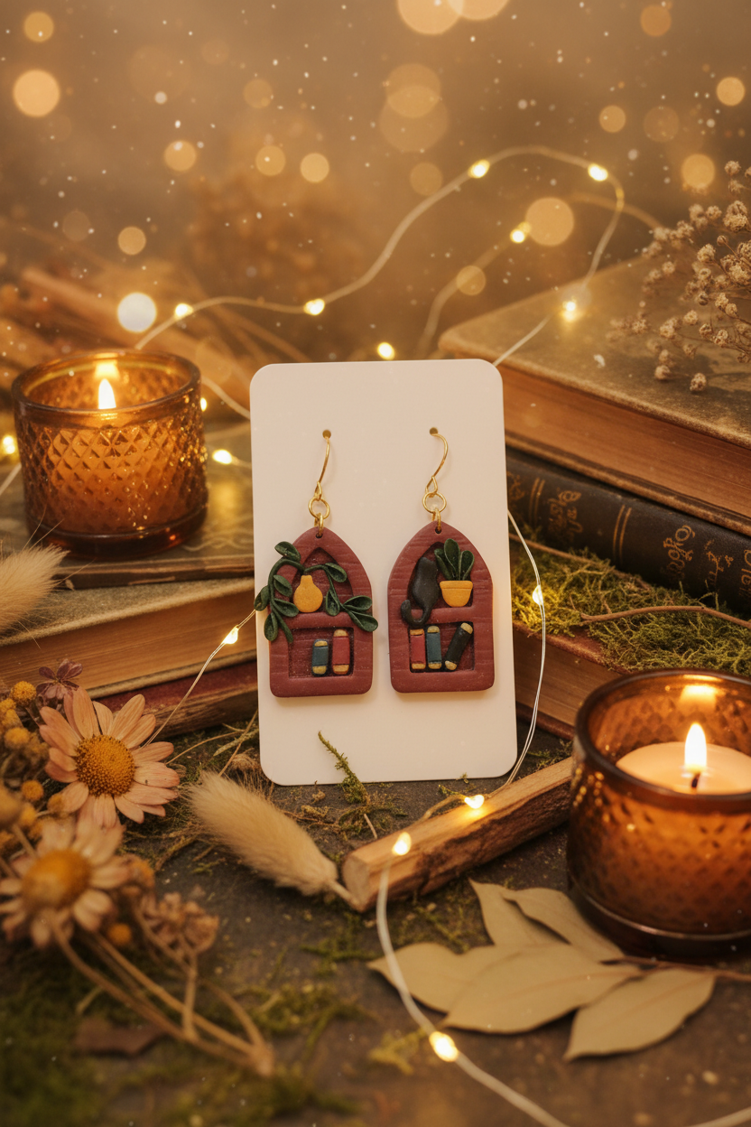 Arched Window Bookshelf Earrings — Fantasy Boho Background