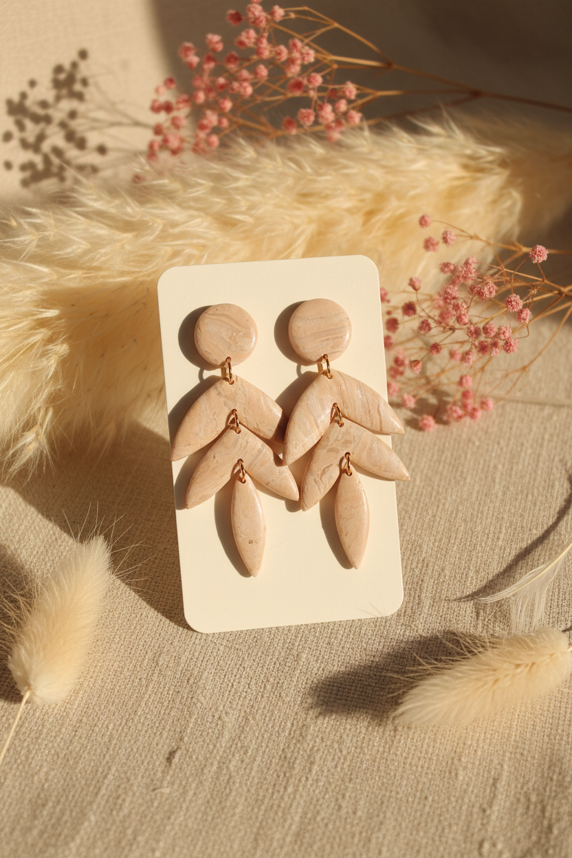Layered Leaf Clay Drop Earrings — Blush