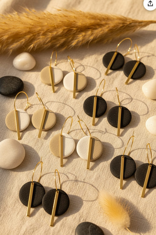 Disc Clay Hoop Earrings in cream and black