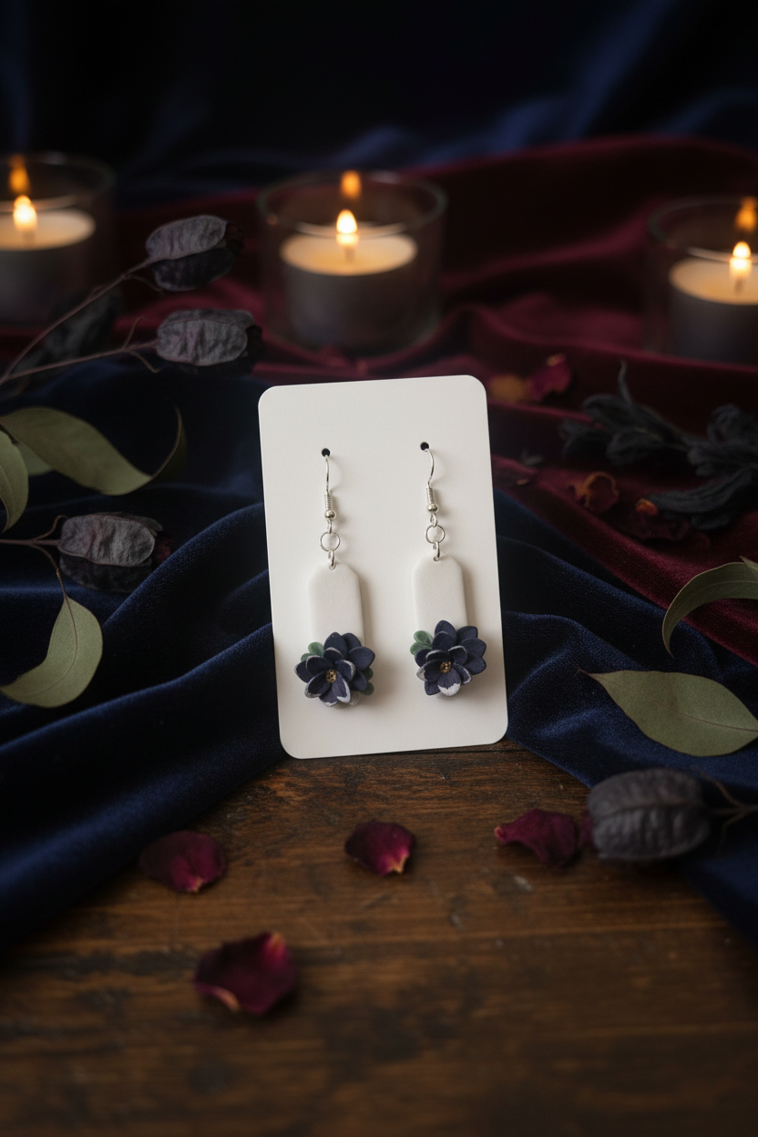 Layered Flower Clay Drop Earrings — Midnight Navy