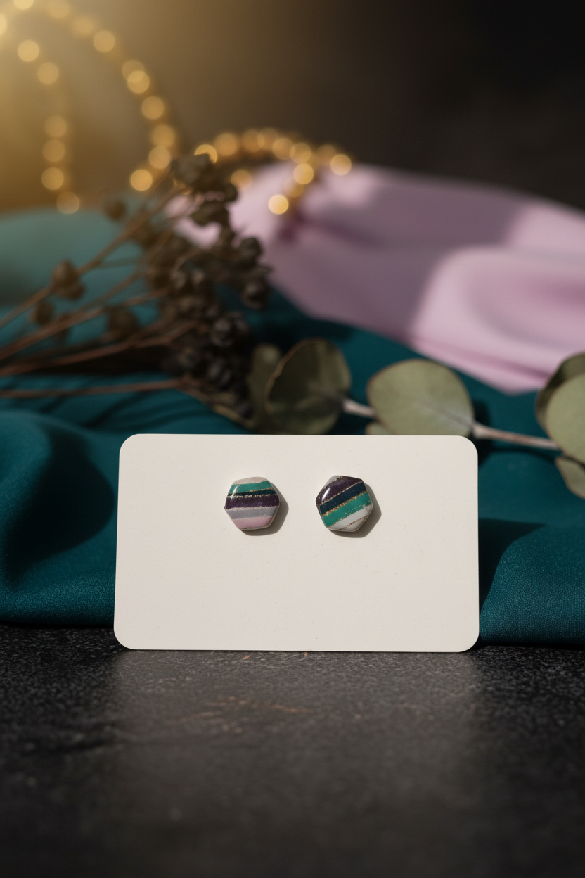 Striped Hexagon Clay Stud Earrings — Teal & Navy