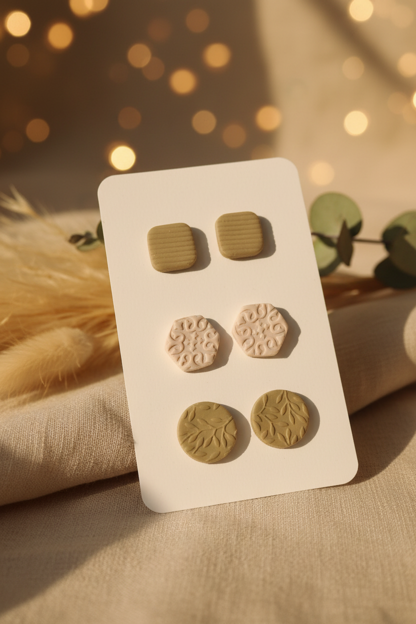 Textured Clay Stud Set — Olive & Cream