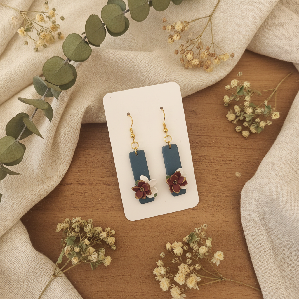 Flower Petal Clay Drop Earrings — Slate Blue