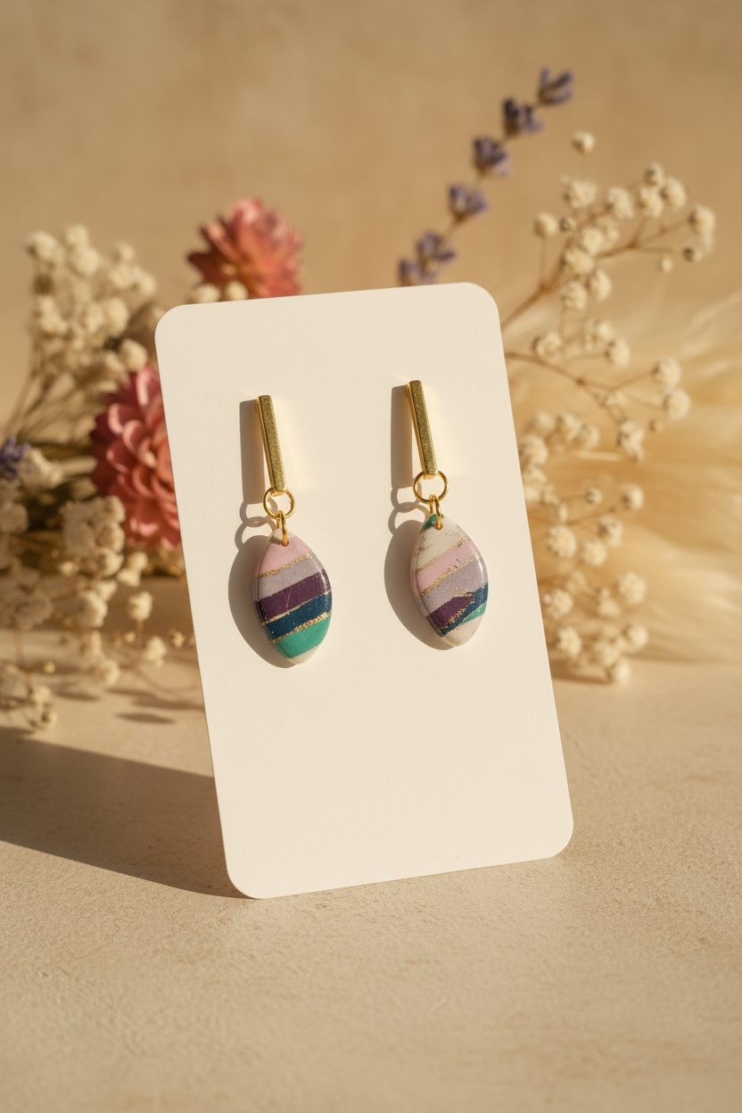 Striped Oval Clay Drop Earrings — Pastel