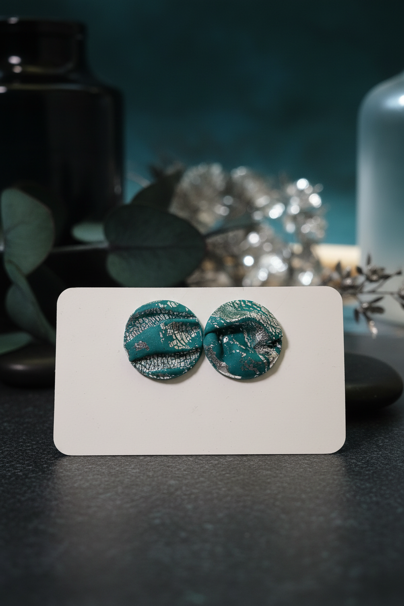 Silver Foil Leaf Clay Stud Earrings — Teal