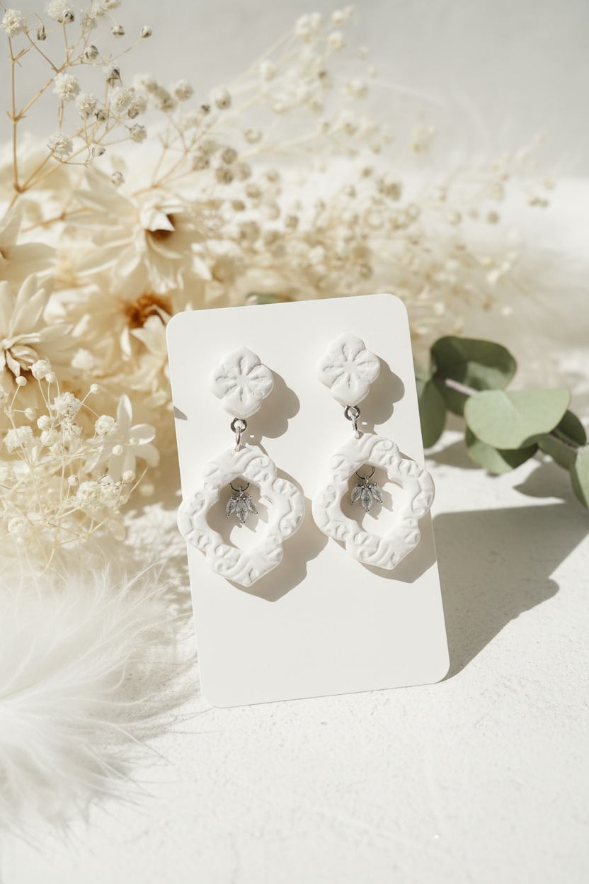 Floral Ruffle Hoop Clay Drop Earrings — White